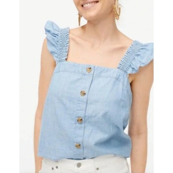 J. Crew Tops - J. Crew Light Blue Ruffle Strap Button-Front Tank